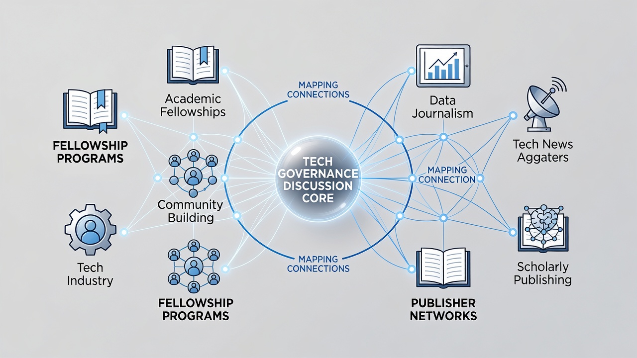 Network graph showing links between tech governance fellowships and publishing outlets