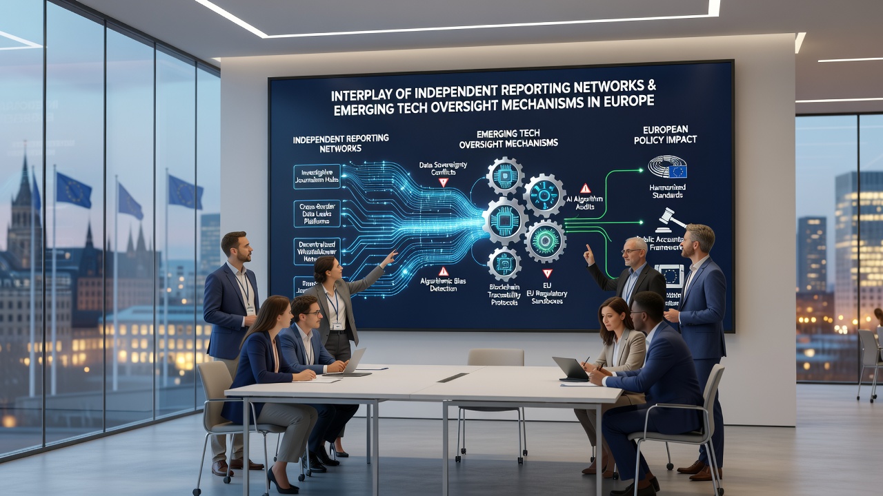 European regulatory meeting discussing technology oversight with digital dashboards and network maps displayed